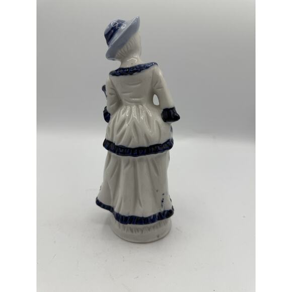Vintage Blue White Porcelain Lady Figurine with Harp Gold Trim 7.5” Tall - Picture 3 of 7